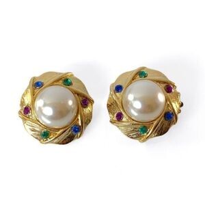 Vintage Weiss Gold Pearl Rhinestone Clip Earrings